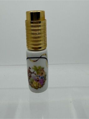 Limoges Gold-Trim Porcelain Perfume Atomizer with Pastoral Motif